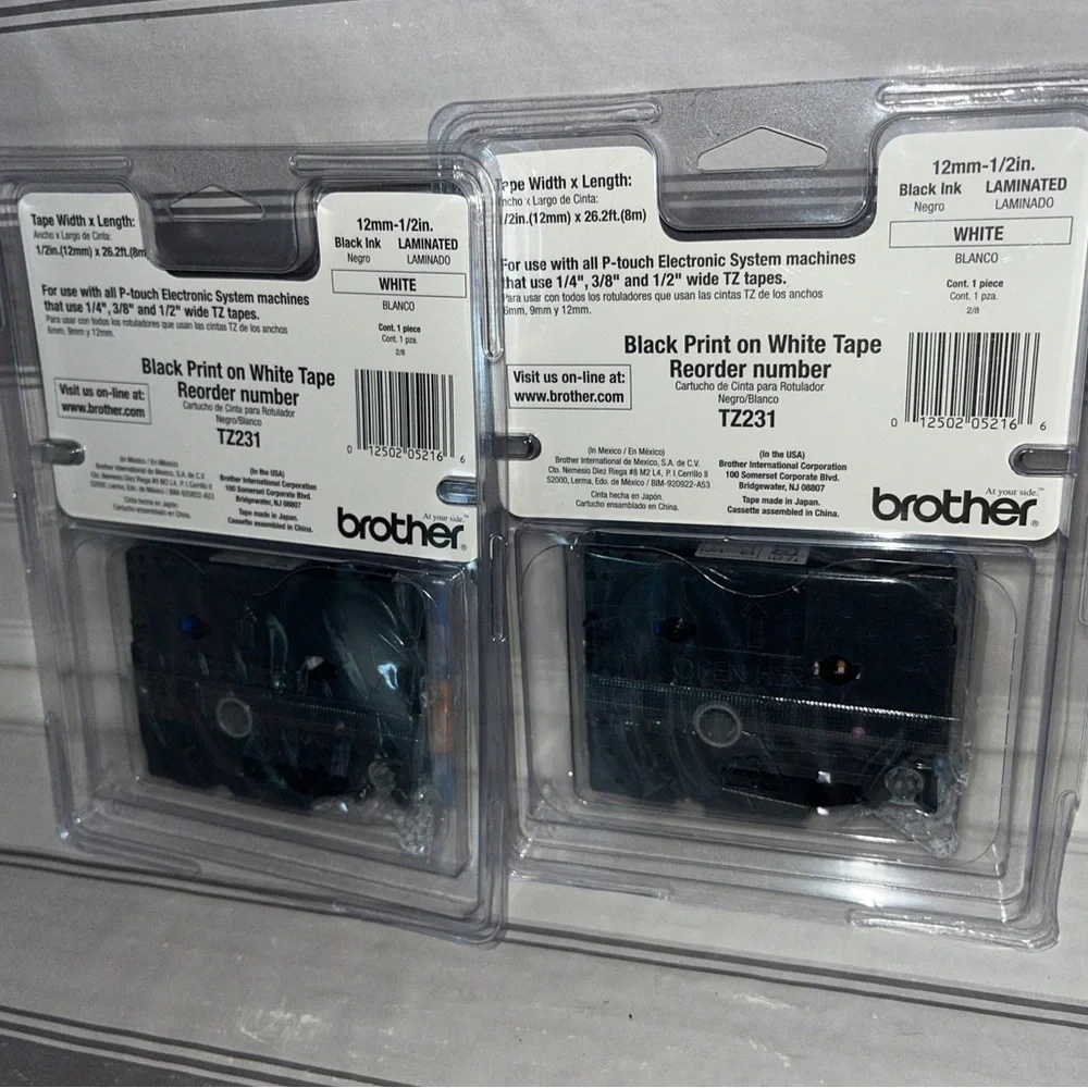 2 Brother Tze Tz-231 StdAdhesive Laminated Labeling Tape, 1/2W, Black On White